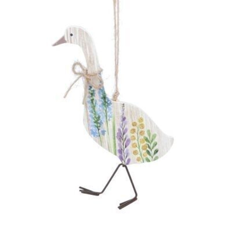 Wooden hanging decoration in the shape of a goose with purple yellow and blue spring meadow detail. The perfect addition to your home for Easter and Spring. By Gisela Graham.